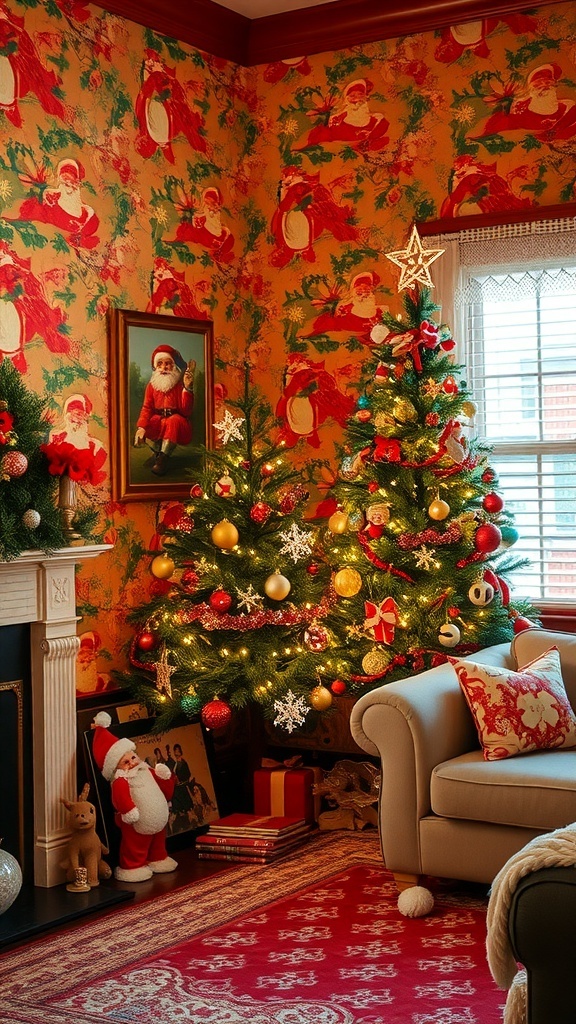 Living room with retro Christmas wallpaper, decorated tree, and festive decor.